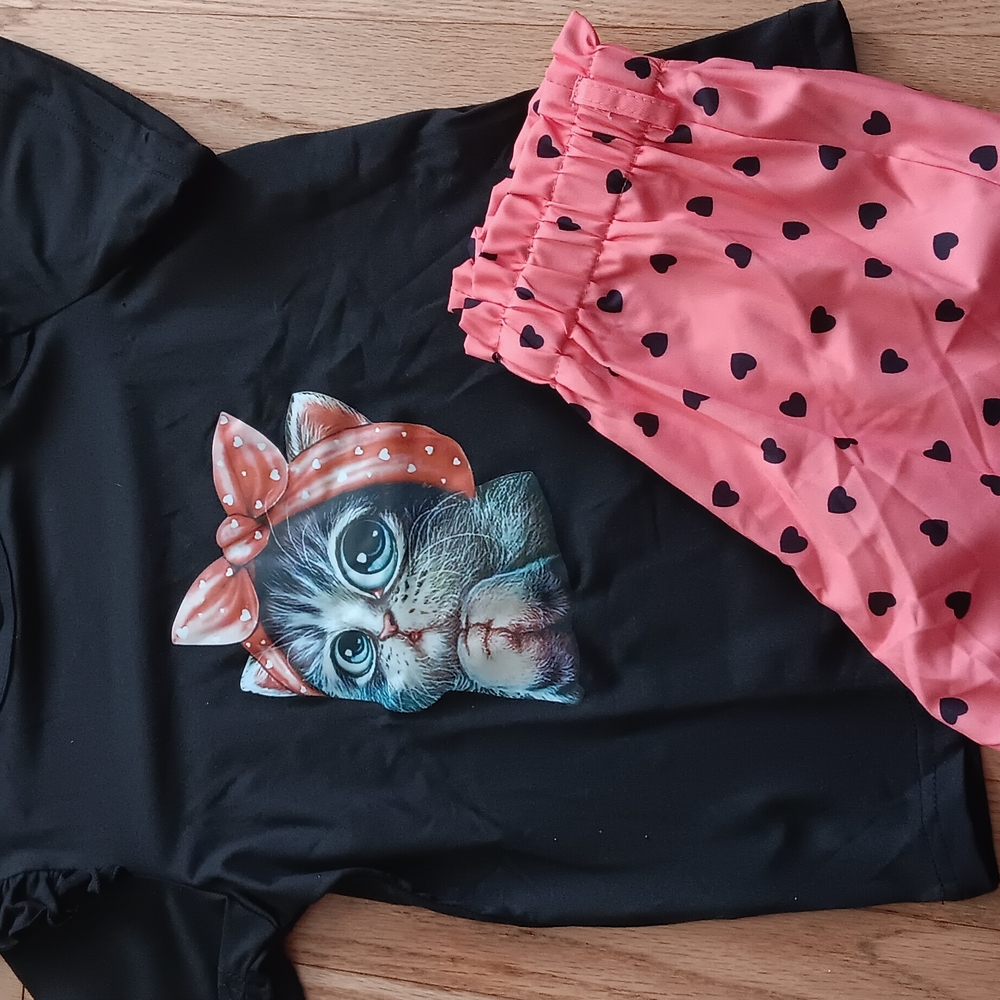 Cute Cat Graphic Tee and Heart Print Pants Set 6x-7 New